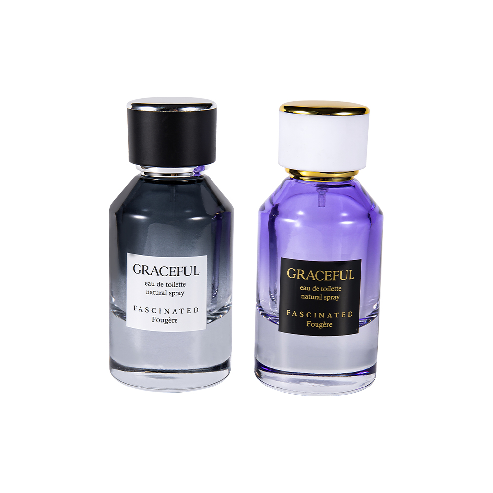 GC4416-WJ2098 50 ml potiahnutá sklenená fľaša na parfumy s kožou, plastový uzáver ABS, PP podšívka odolná voči UV žiareniu