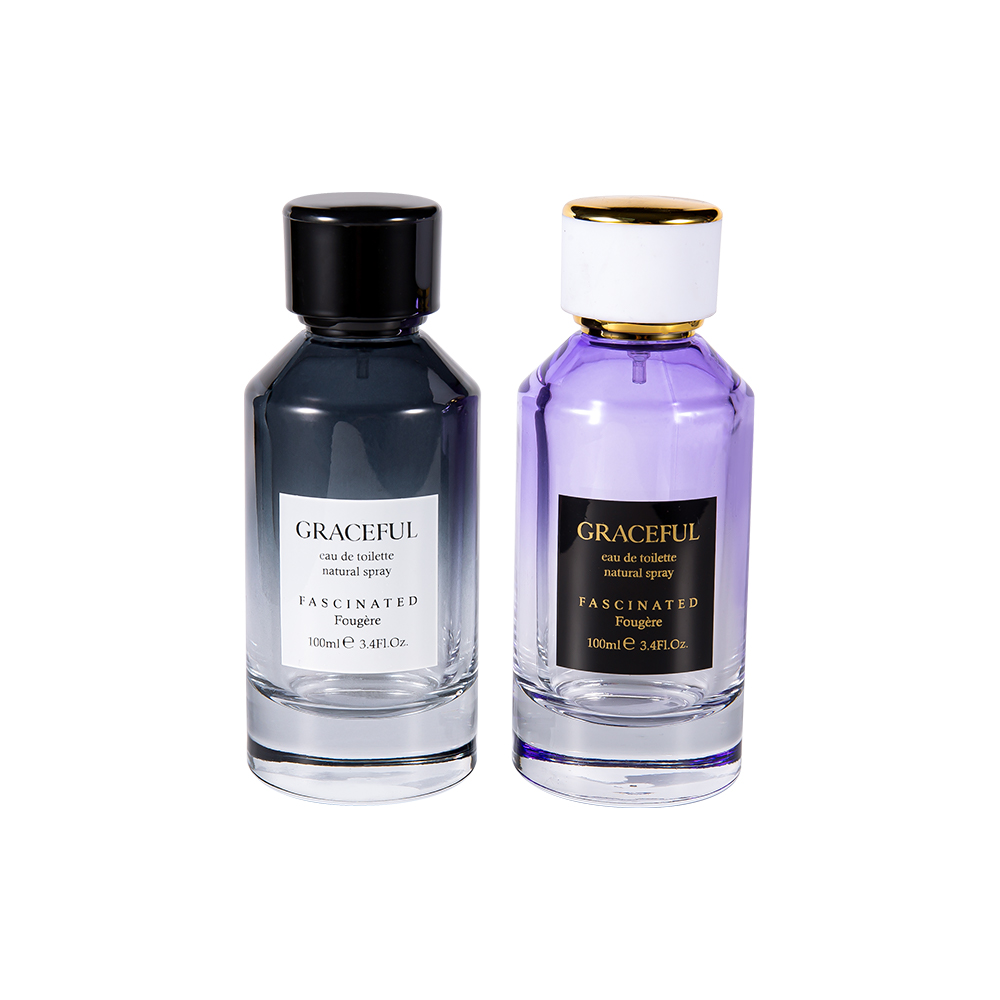 GC4418-WJ2098 100 ml farebne potiahnutá fľaša na parfumy z potlačeného skla s koženým ABS plastovým uzáverom a UV PP vložkou