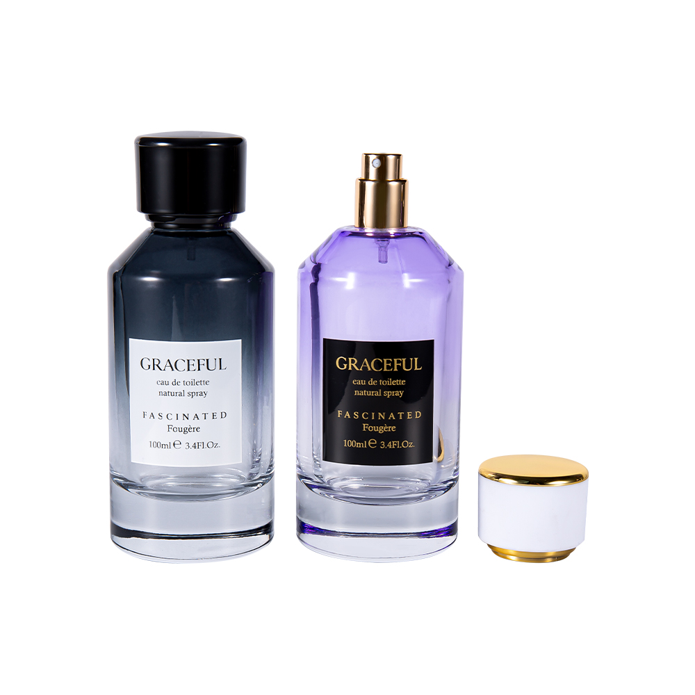 GC4418-WJ2098 100 ml farebne potiahnutá fľaša na parfumy z potlačeného skla s koženým ABS plastovým uzáverom a UV PP vložkou