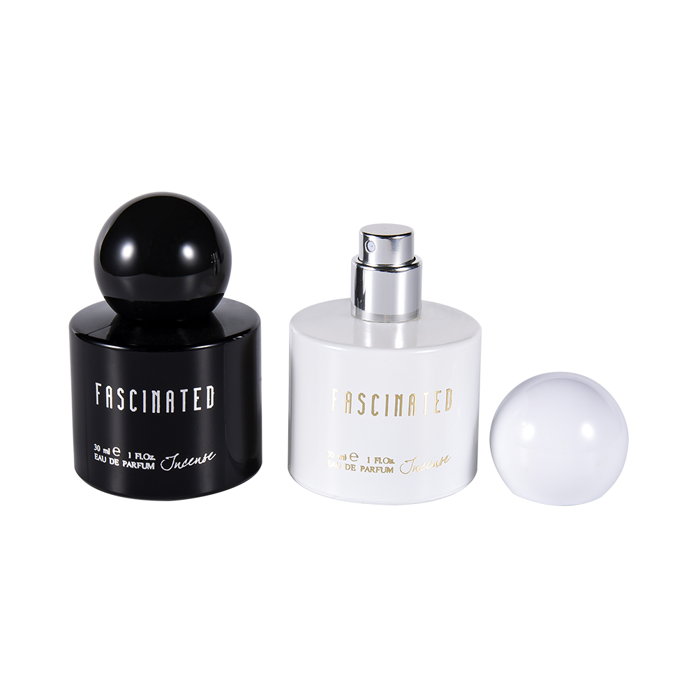 GC4748-WJ2537 30 ml valcovitá fľaša na parfumy so zlatou fóliou s povrchovou úpravou a guľovitým plastovým uzáverom z ABS PP