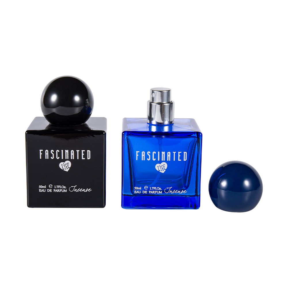 KY145-WJ2537 50ml kocka farebne potlačená sklenená fľaša na parfumy so sférickým UV plastovým uzáverom