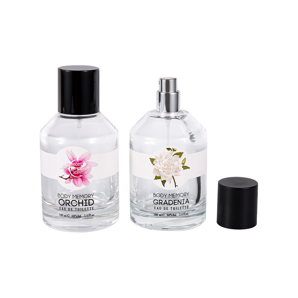 KY1603-WJ2388 100ml sklenená fľaša na parfumy s potlačou nálepkou s valcovým lesklým matným čiernym PP uzáverom