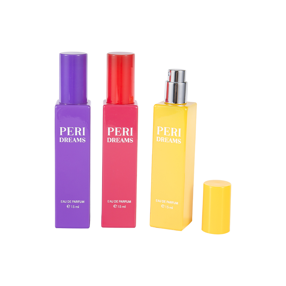 GC4421-WJ2369B 15ml minikapacita potiahnutá obdĺžniková sklenená fľaša na parfumy s valcovým PP uzáverom